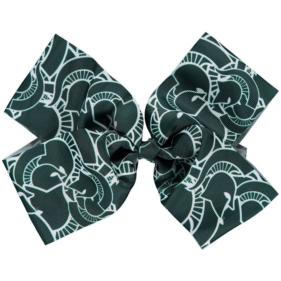 A hair bow patterned with green Spartan Helmet logos with white outlines.
