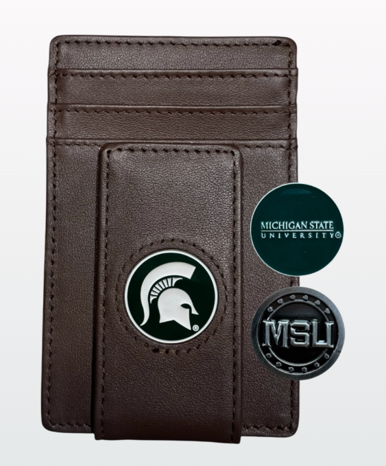 A brown leather money clip wallet with a Michigan State University emblem and a magnetic closure feature.