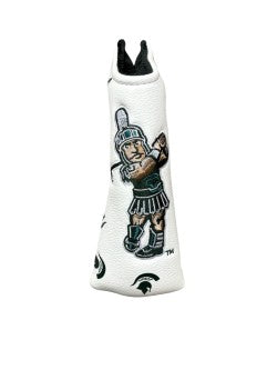 White golf club cover patterned with green Spartan Helmet logos and a big Golf Sparty logo in the middle.