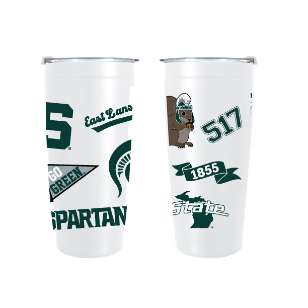White Michigan State Spartans stainless steel tumbler with assorted collegiate graphics wrapped around the exterior, including the Spartan helmet logo, block "S," "East Lansing" script, "Go Green" pennant, "Spartan" text, "517," "1855" banner, Sparty mascot graphic, Michigan state silhouette, and "State" wordmark. Shown from two angles with a clear lid on a light gray background.