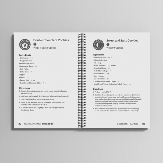 Inside of the The Spartan Family Cookbook, showing the recipes for Double Chocolate Cookies and Sweet and Salty Cookies.