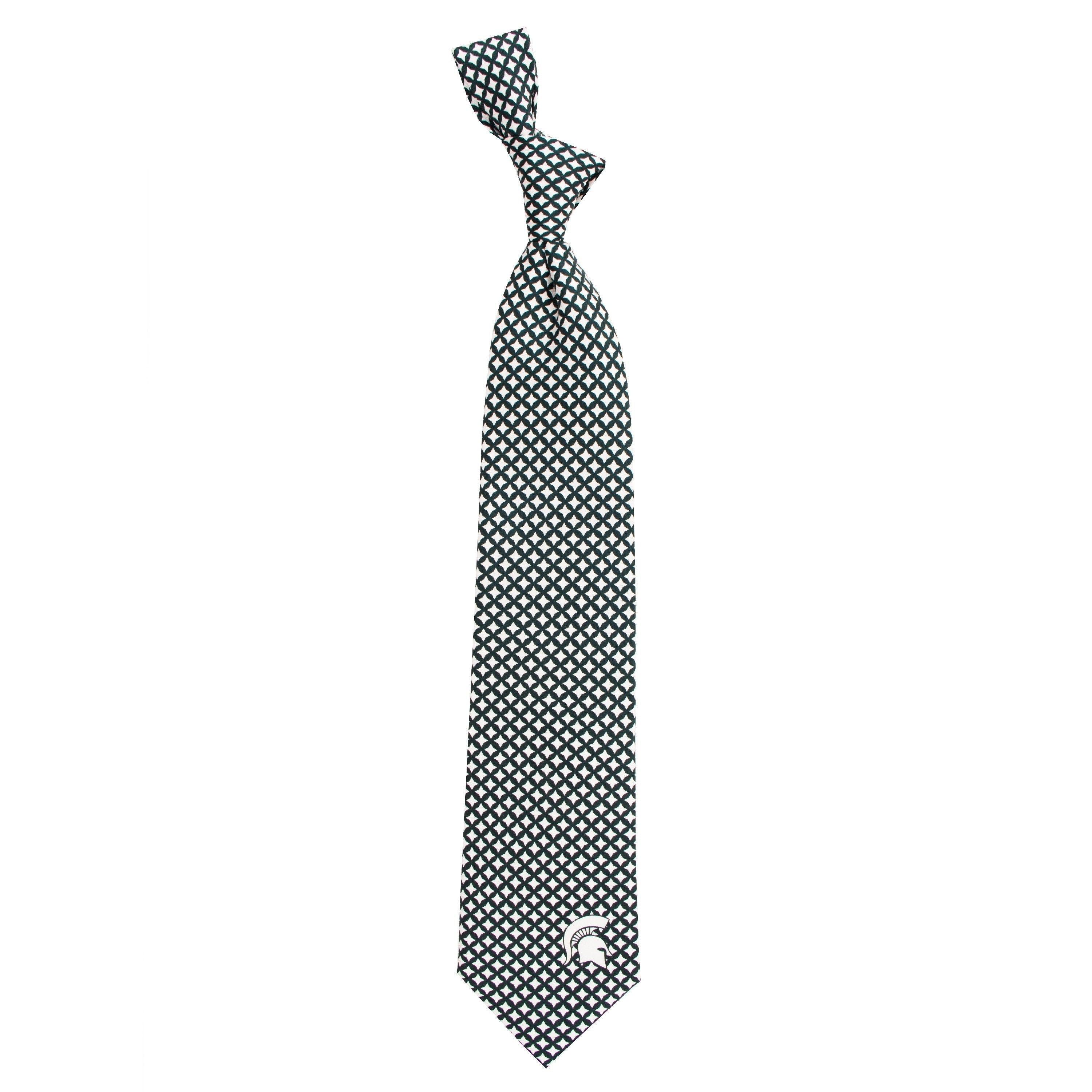 A green tie with a white diamond pattern and a white Spartan helmet logo at the bottom.