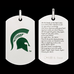 A stainless steel dog tag pendant with a green Michigan State University helmet design and the university's fight song etched on the back. The pendant is suspended by a ball chain.