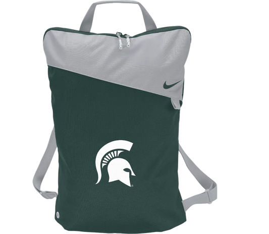 Green utility bag with with a zipper at the top, grey handle, and a white Spartan Helmet logo printed boldly on the front. Top portion of bag is accented with grey material. On the top right is a Nike logo and patch.