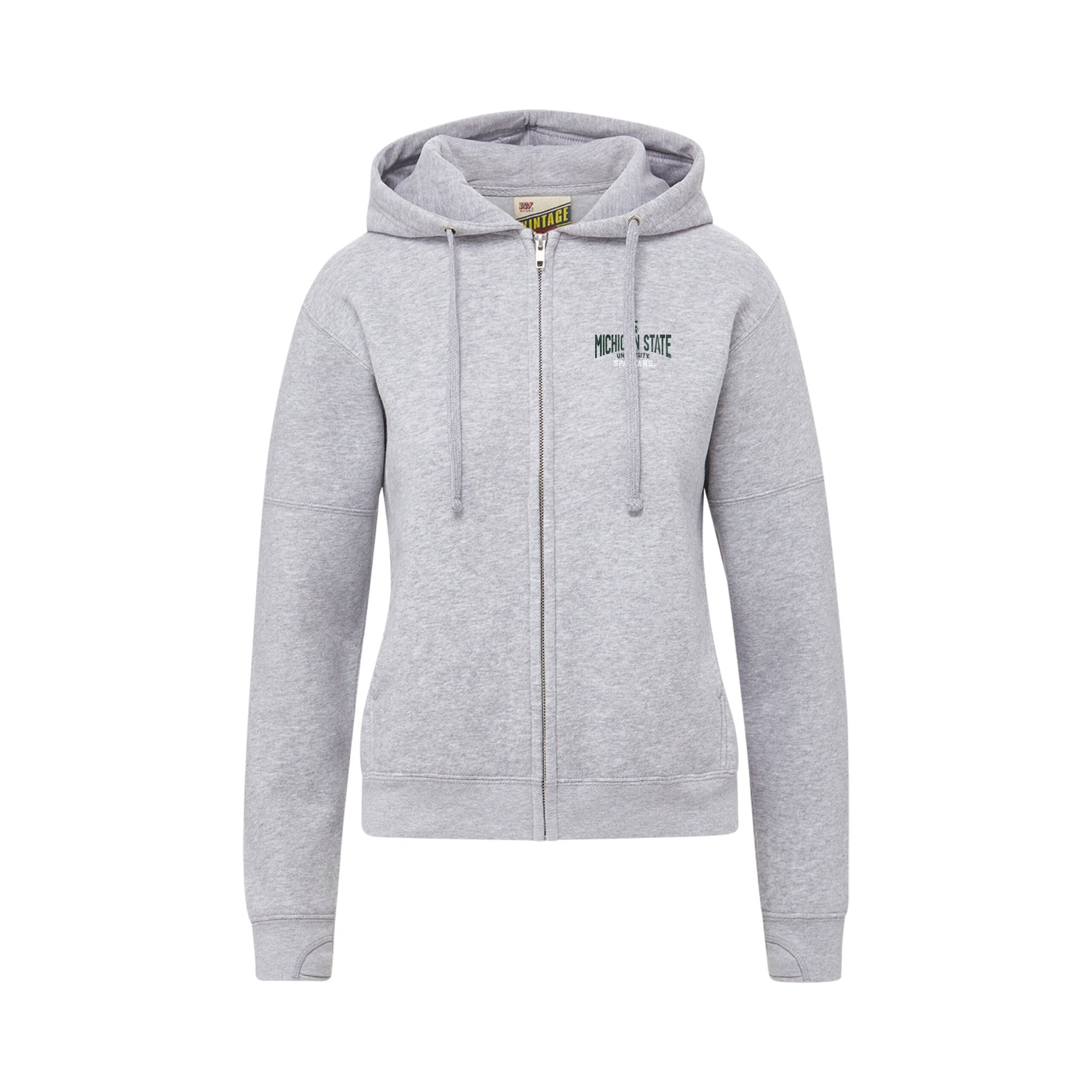 Grey Zip-Up Hoodie with green embroidered "Michigan State University" and white "Spartans" on the right side
