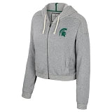 A gray full zip women's sweatshirt with the Michigan State Spartan Helmet logo on the left chest.