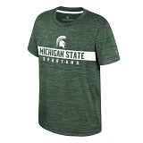 A green Michigan State Spartans Dri-fit shirt with the team's wordmark and Spartan Helmet logo on the front.