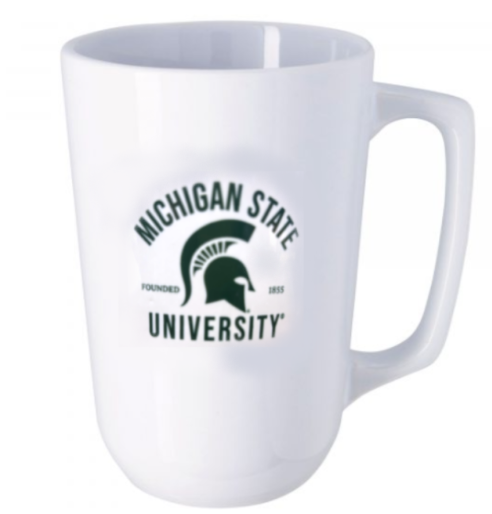 White mug with green Michigan State logo with Spartan Helmet centered.