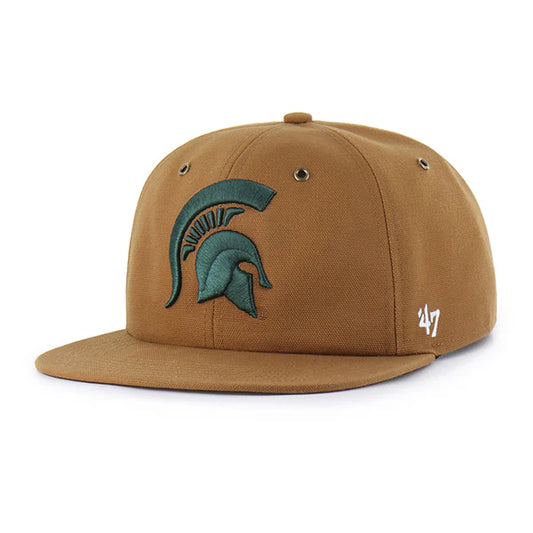 Tan cap with a flat bill, a green embroidered Spartan Helmet logo on the front and the '47 logo in white on the side of the hat. Shown on a white background.