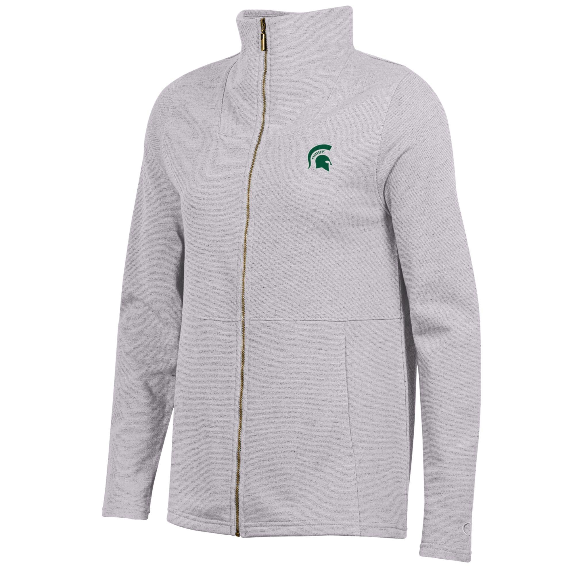 Light gray zip-up jacket with green Spartan helmet logo on left chest.