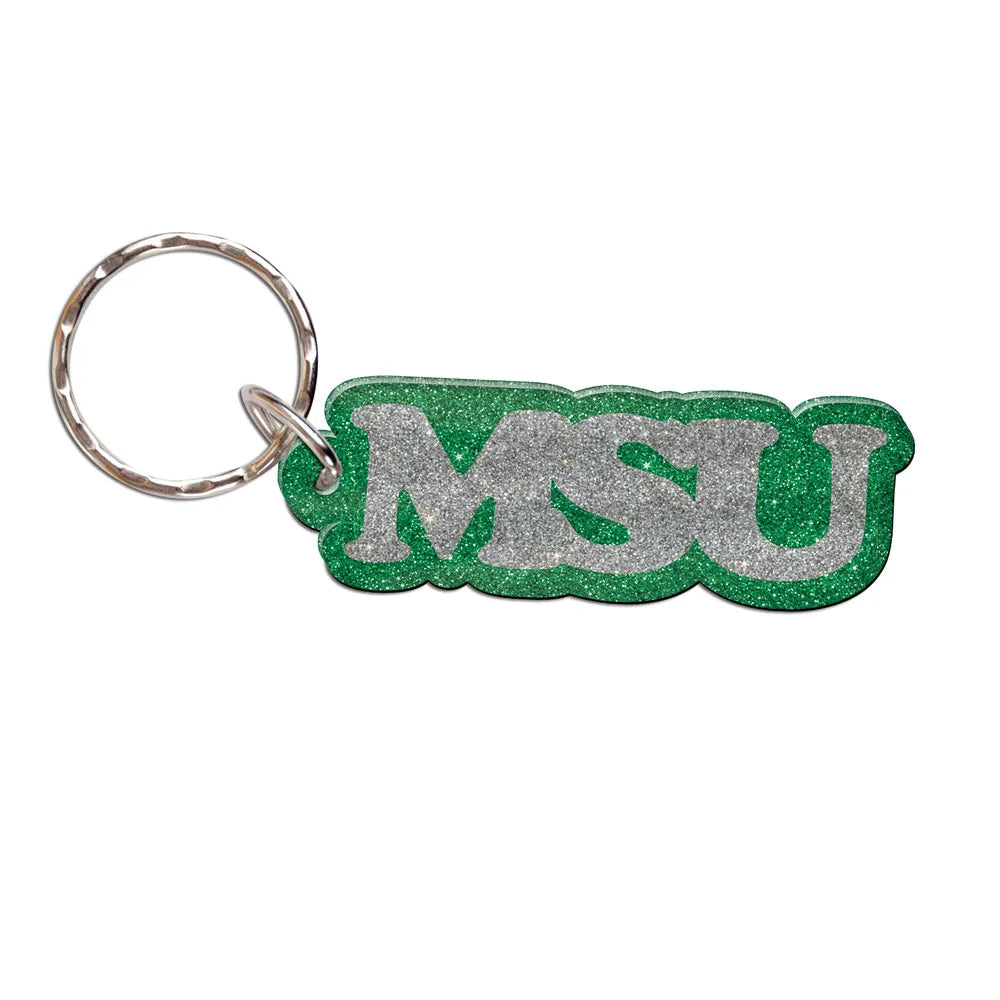 Green keychain with glittery silver 'MSU' letters and metal ring.