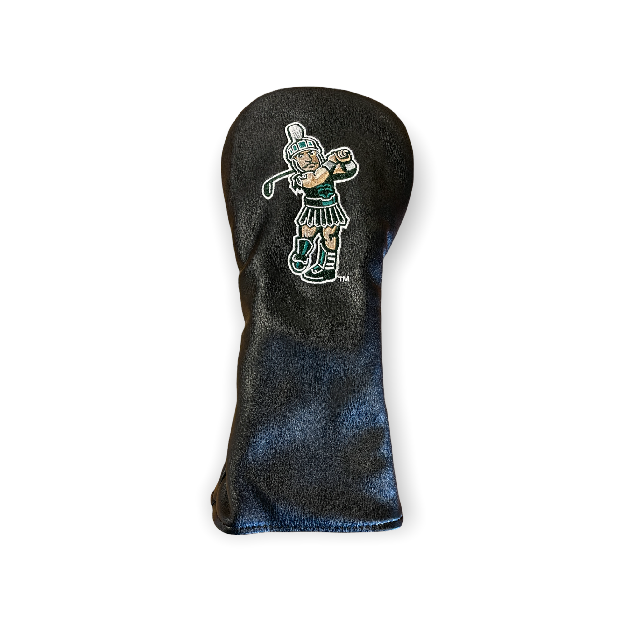 A black golf driver headcover with an embroidered golfing Sparty logo.