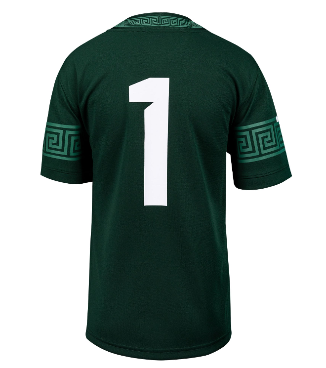 Back of a green MSU football jersey with number 1.