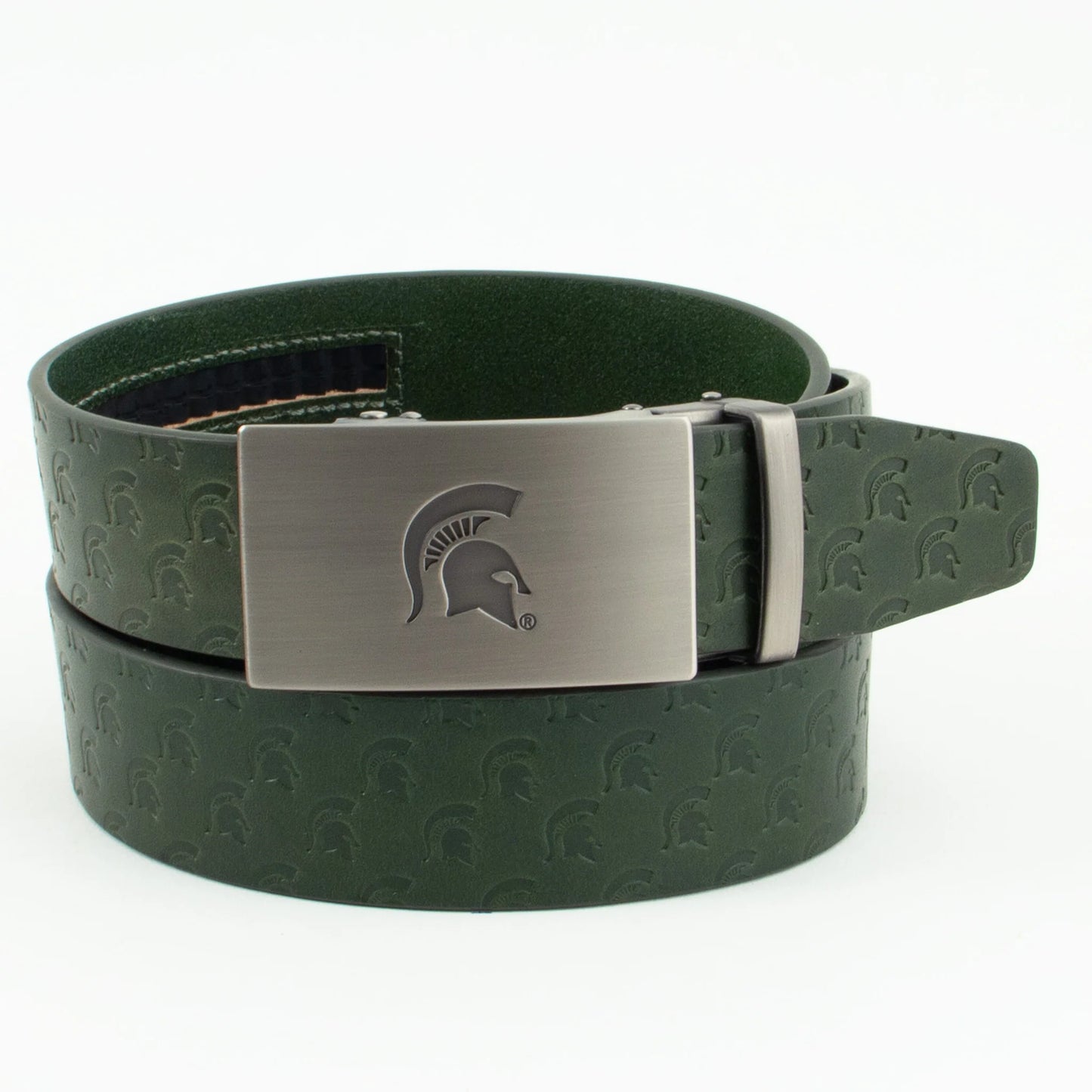 Green leather belt with a Spartan Helmet pattern embedded all over the belt and a Spartan Helmet logo on the silver buckle.