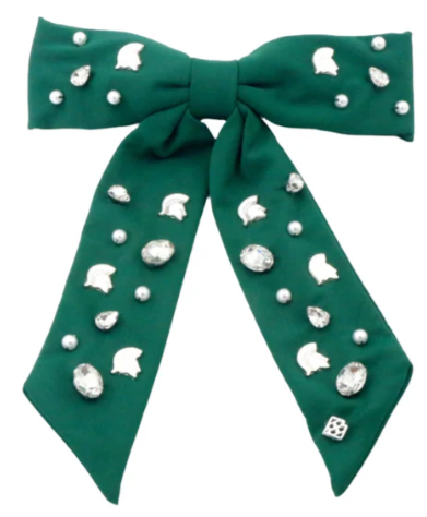 Green bow with silver Spartan helmet logos, clear gems, and silver pearls.