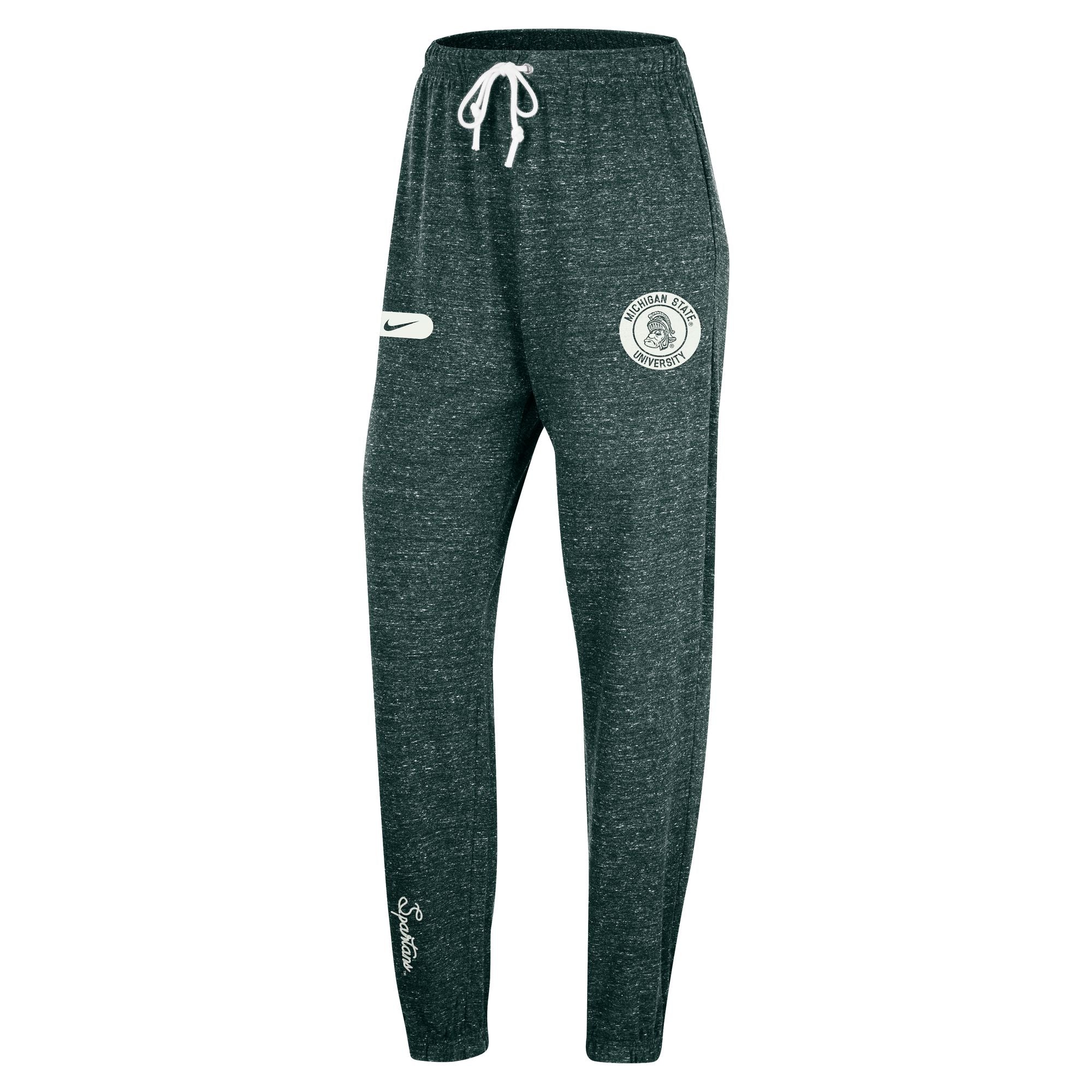 Green heather joggers with a Gruff Sparty "Michigan State University" logo on the upper left leg and the word "Spartans" in cursive on the lower right leg.