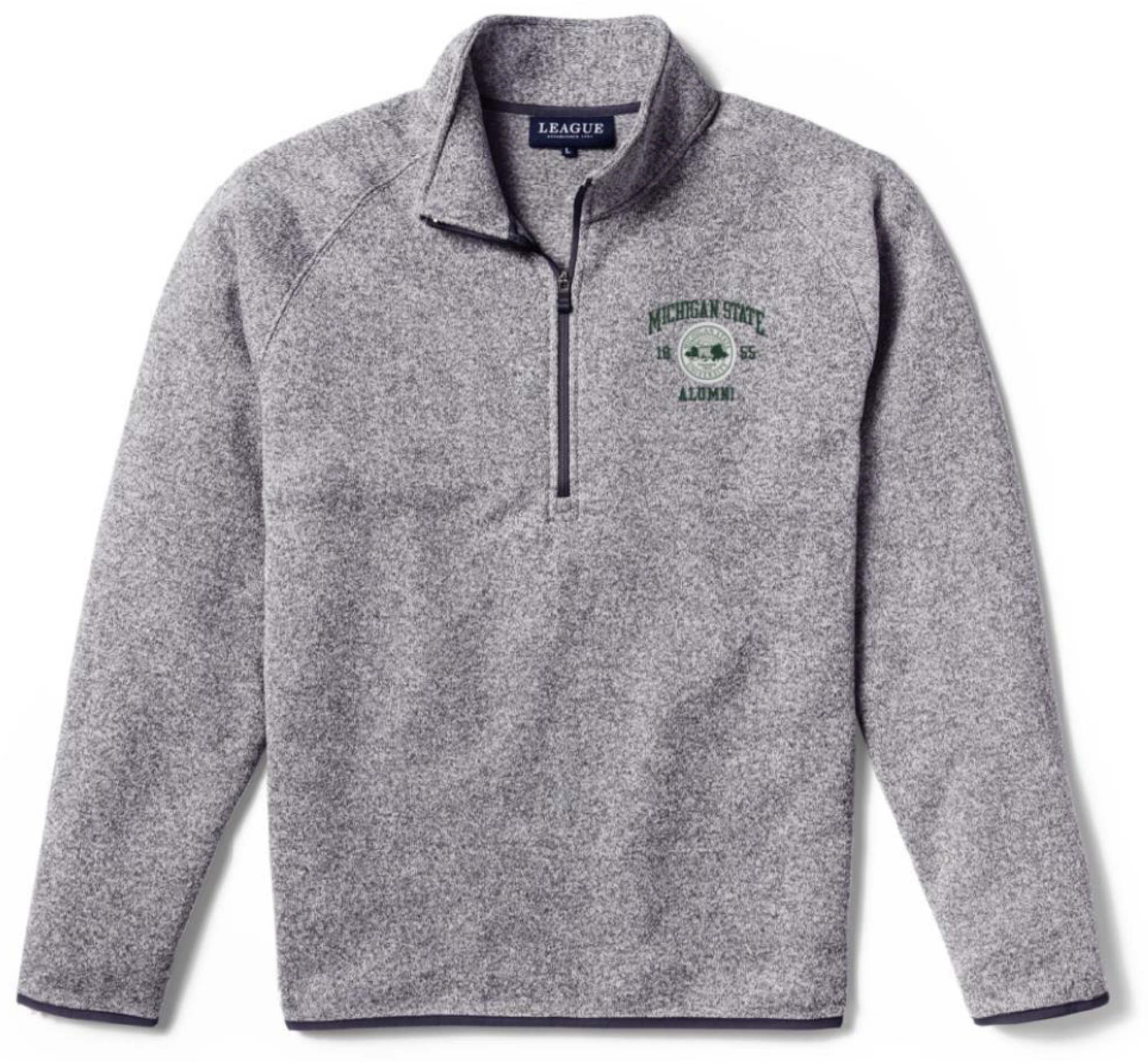 A heathered gray quarter-zip sweatshirt featuring the MSU seal and the words "Michigan State Alumni" in green on the upper left chest.