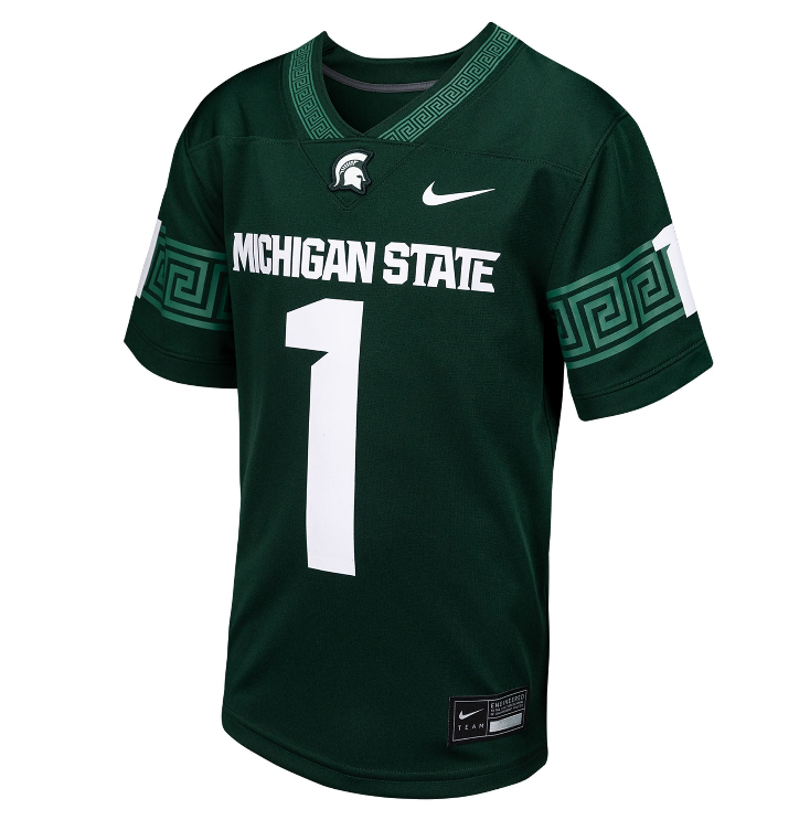 Green MSU football jersey with number 1, Spartan logo, and Nike branding.