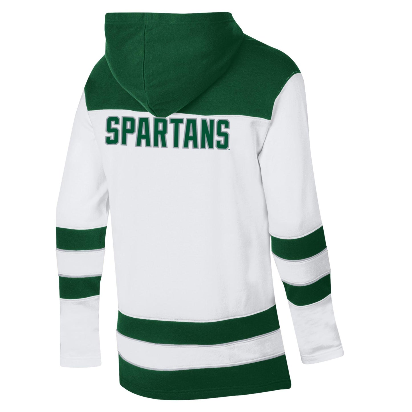 Back view of a white hooded sweatshirt with green accents, including a green hood, shoulder panels, sleeve stripes, and lower body stripes. 'SPARTANS' is printed in bold green capital letters across the upper back.