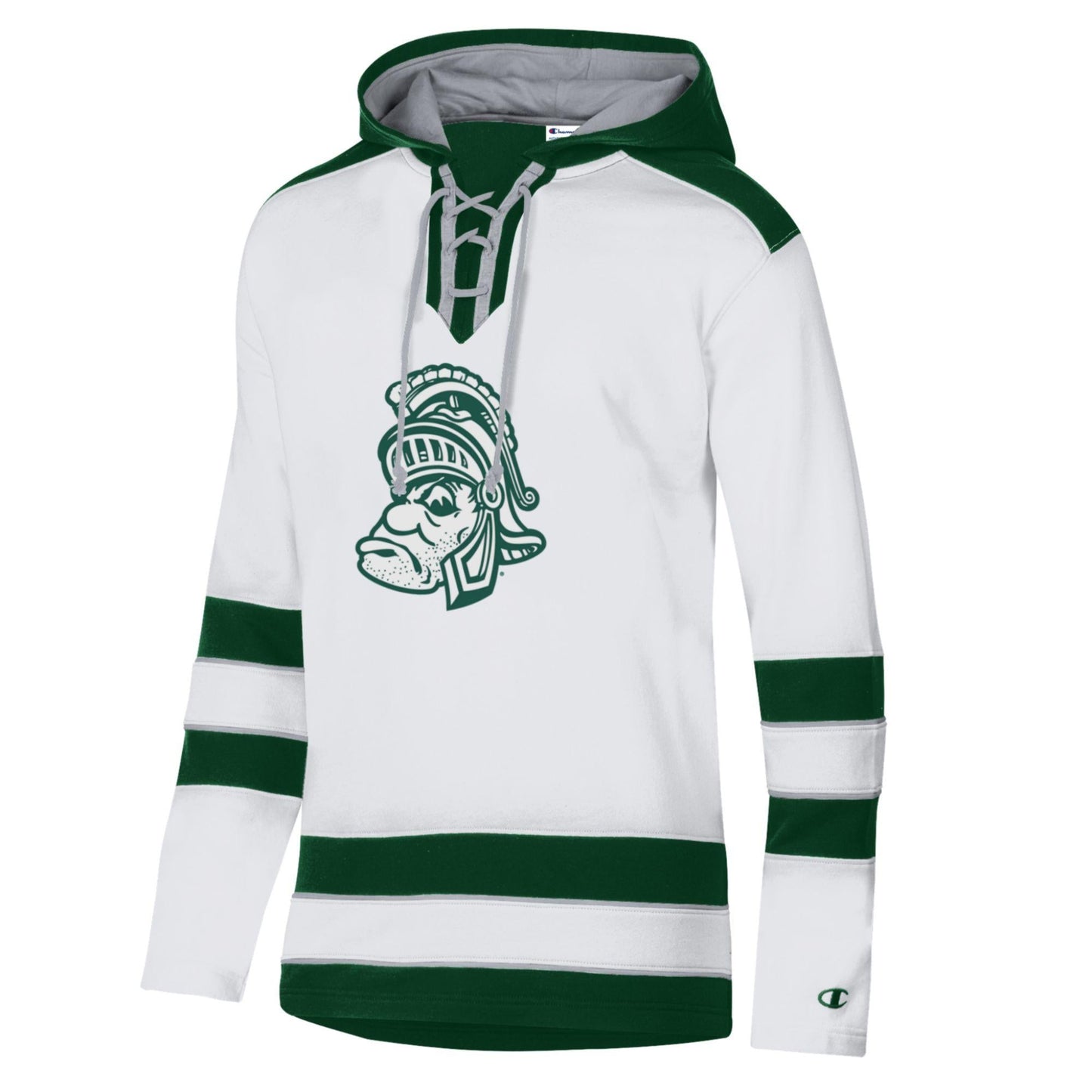 White and green hoodie with a lace-up neckline, featuring a Gruff Sparty illustration on the front. Green stripes accent the sleeves and hem, and a Champion logo appears on the left sleeve cuff.