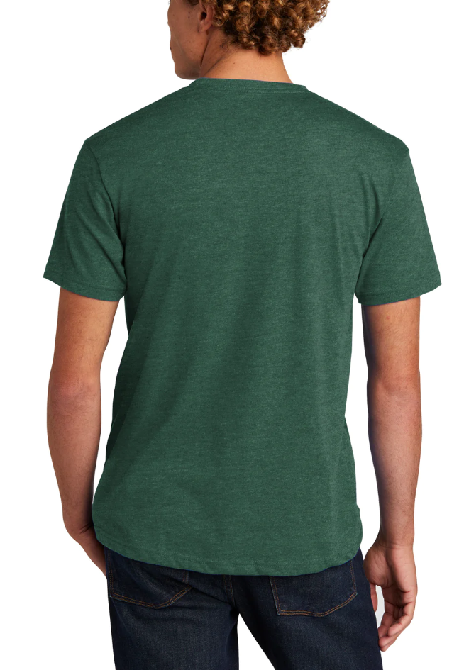 The back of a model wearing a green shirt.