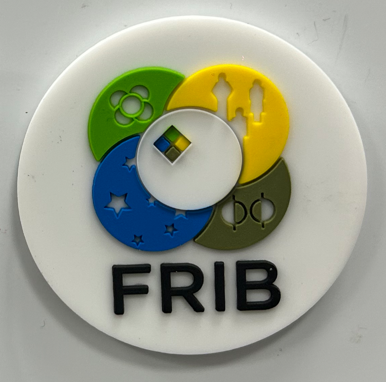 Circular white silicone magnet with the colorful 'FRIB' logo.
