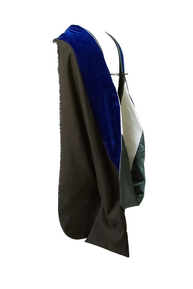 Black and blue fabric draped over a mannequin on a white background.
