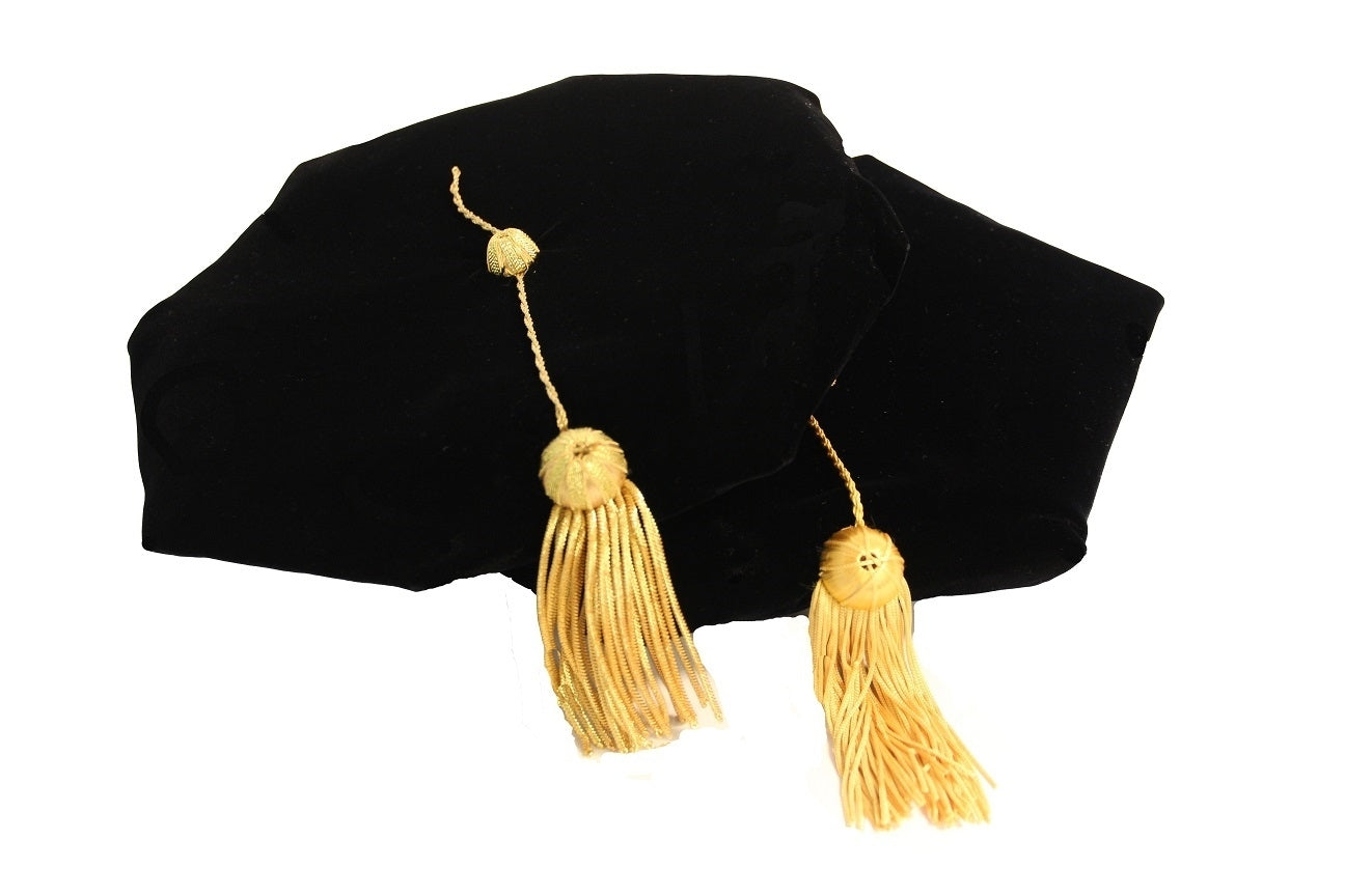 Velvet black doctoral tam with gold tassels.
