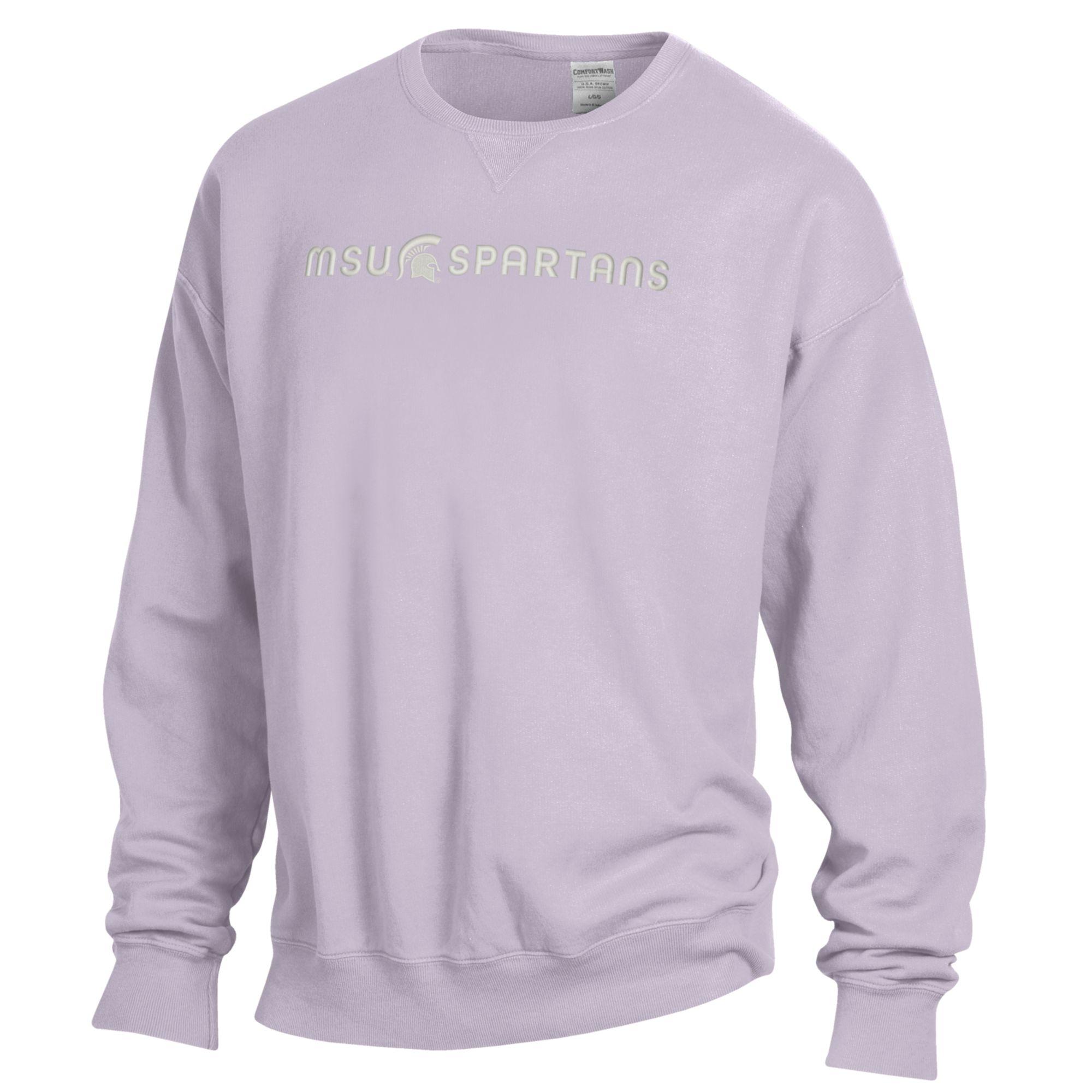 Light purple sweatshirt with white embroidered 'MSU Spartans' with a white Spartan Helmet between MSU and Spartans.