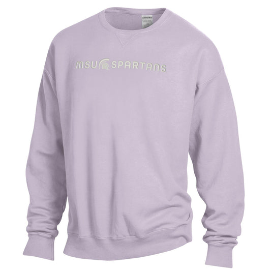 Light purple sweatshirt with white embroidered text that reads "MSU Spartans" and a white embroidered Spartan Helmet logo in between MSU and Spartans.