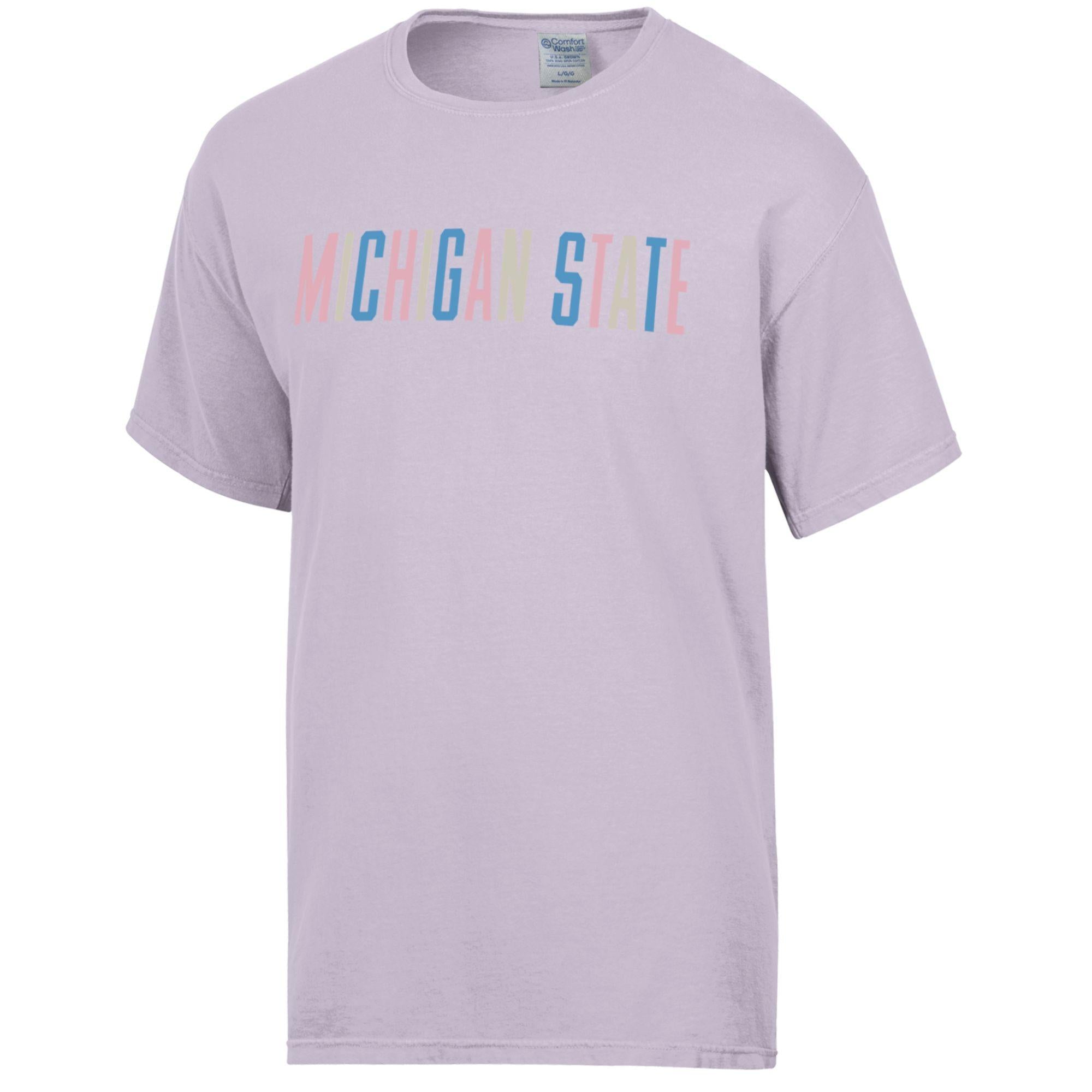 Light purple t-shirt with 'Michigan State' text in multicolor screen printed. on a white background