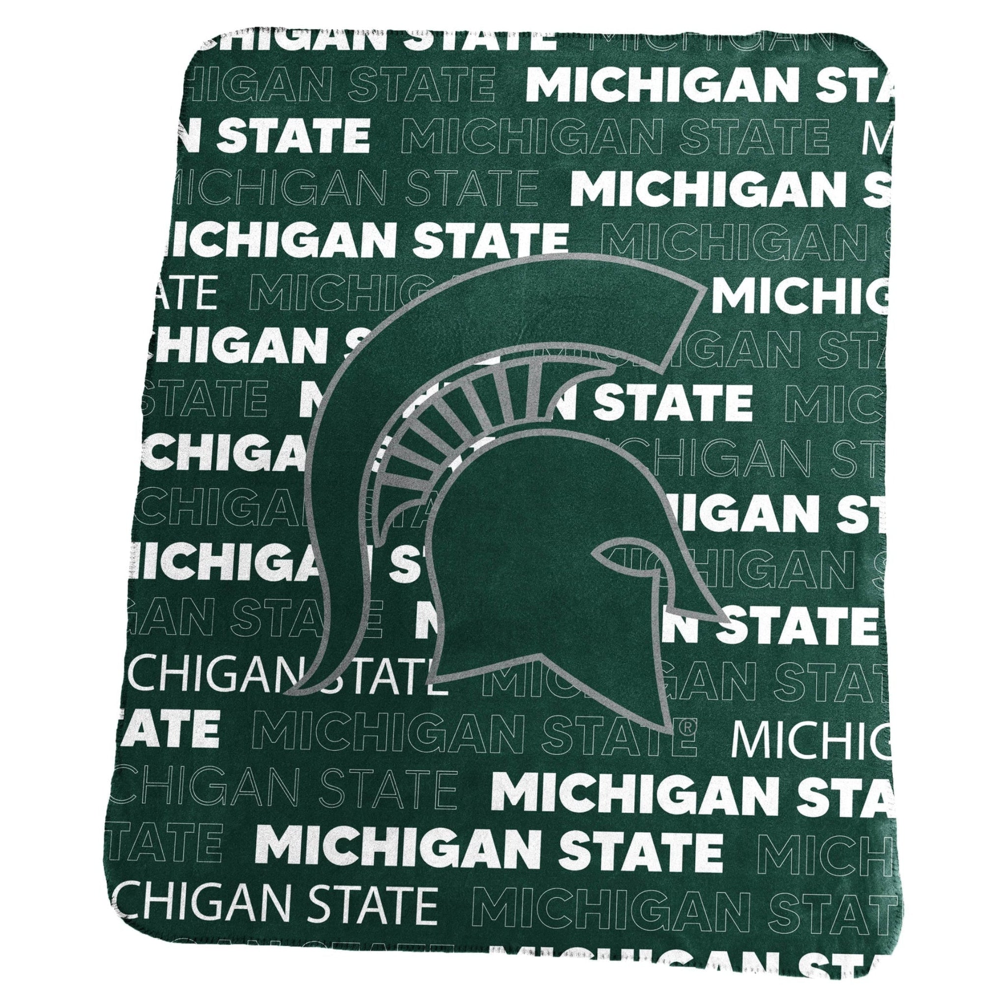 Green blanket featuring a large Michigan State Spartan helmet logo in the center, with repeated 'MICHIGAN STATE' text in white across the background in various sizes.