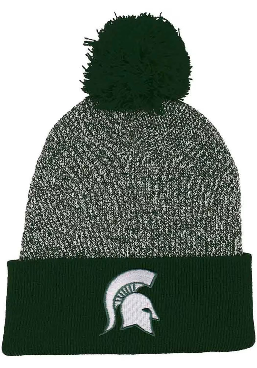 Dark green beanie with a dark green pom and an embroidered white Spartan helmet logo on the cuff. The center of the beanie is mixed with green and white thread making it stand out against the dark green pom and cuff.