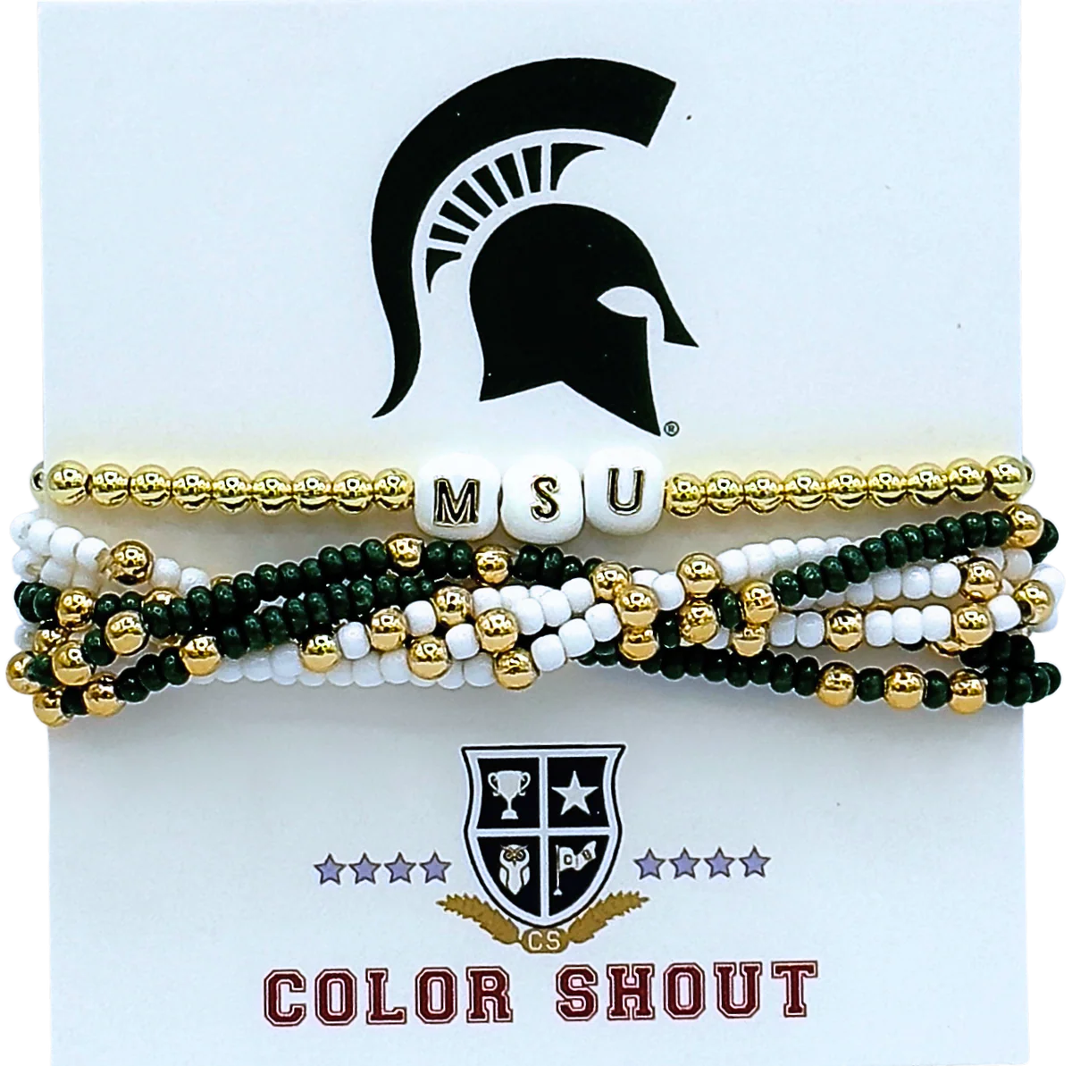 Gold, green, and white stack of beaded bracelets. The top bracelet is gold with white beads that have the letters M, S, and U written on them. The bracelets underneath are white and green with gold enamel and they are intertwined together.
