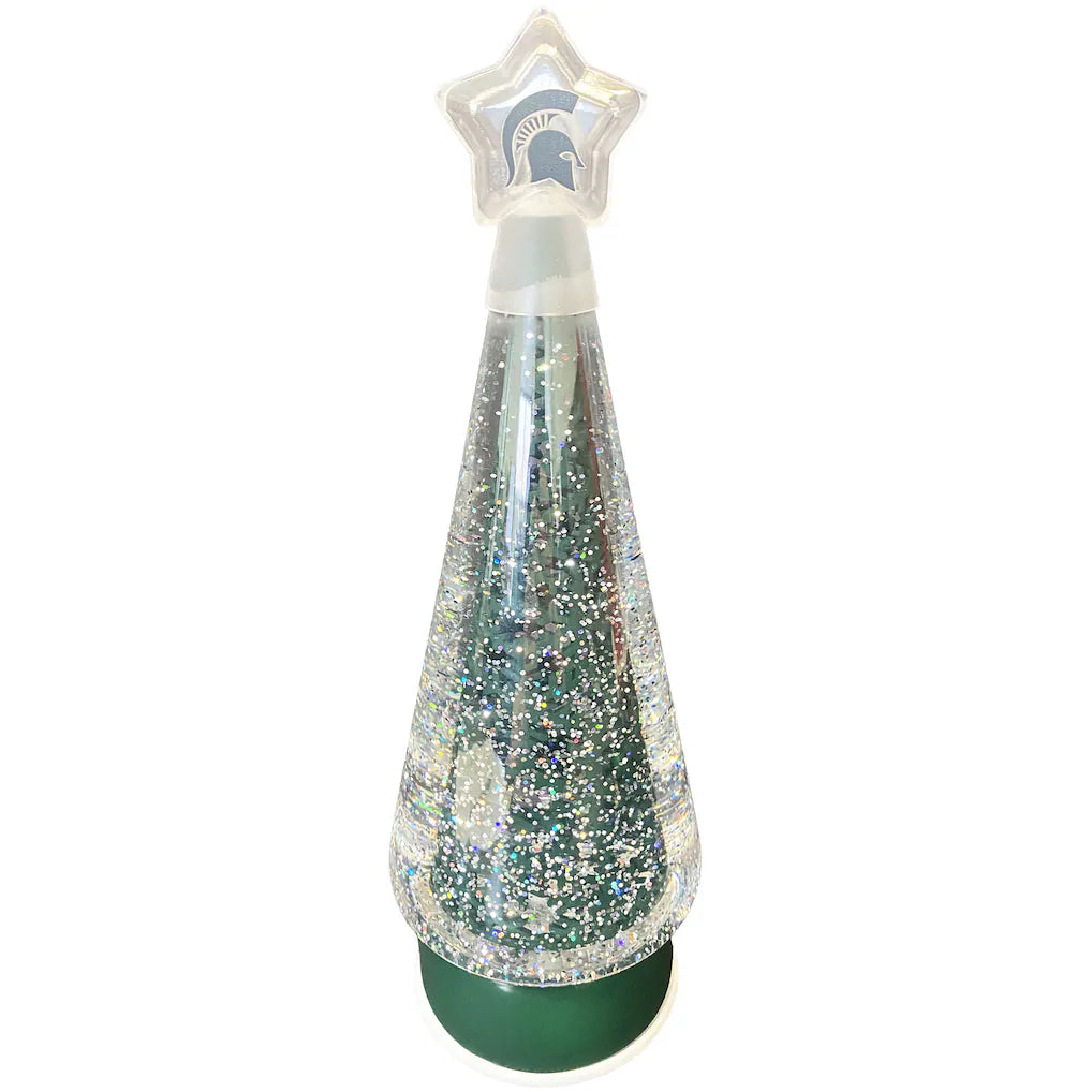 Plastic light up festive tree with a stand and star at the top. The stand is green and white and has a 'Michigan State' wordmark printed on in white. The star at the top of the tree has a green Spartan helmet logo on it.