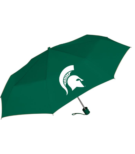 A green umbrella with a white Spartan helmet logo