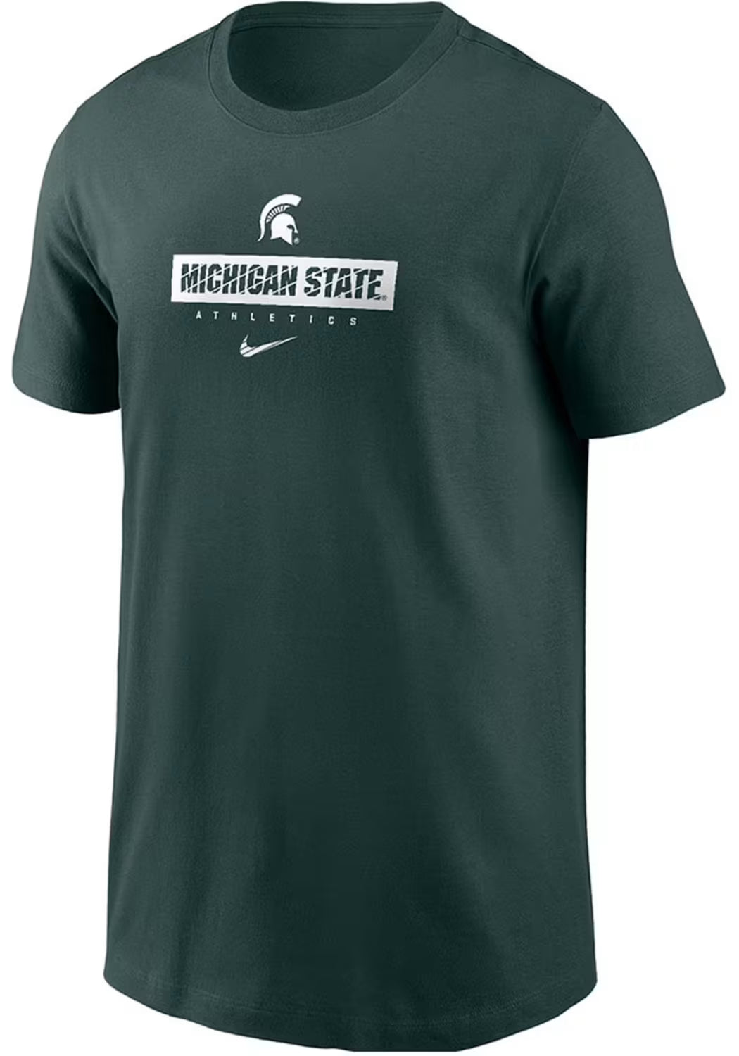 Green T-shirt with a white Spartan Helmet logo, cutout text that reads "Michigan State," and text below that reads "Athletics" in white. Underneath the text is a white Nike swoosh logo.