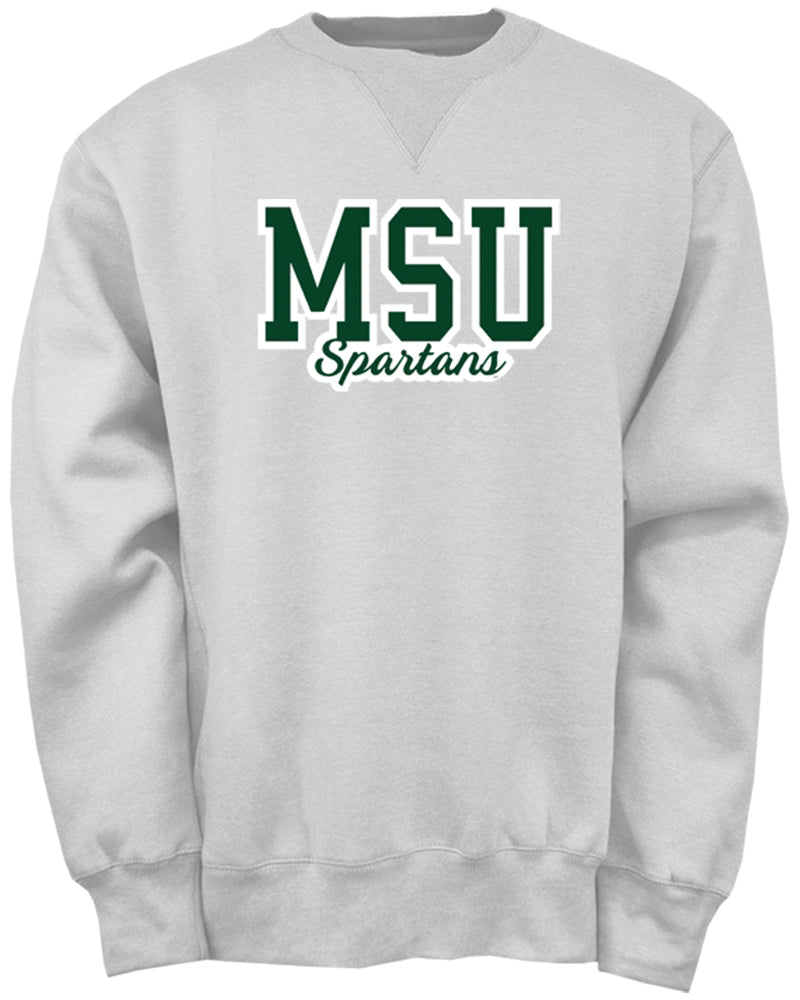 A light gray crewneck sweatshirt that reads "MSU Spartans" in green with a white outline.