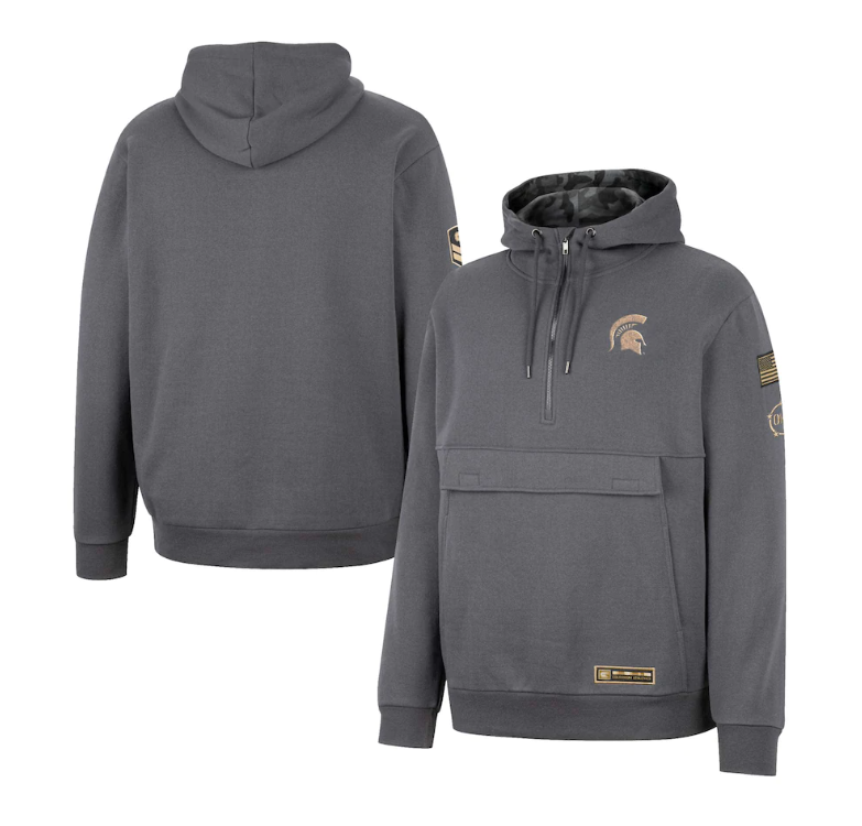 A gray hoodie with a quarter-zip in the front. Features a gold Spartan helmet logo on the upper left chest and military-themed patches on the sleeves.