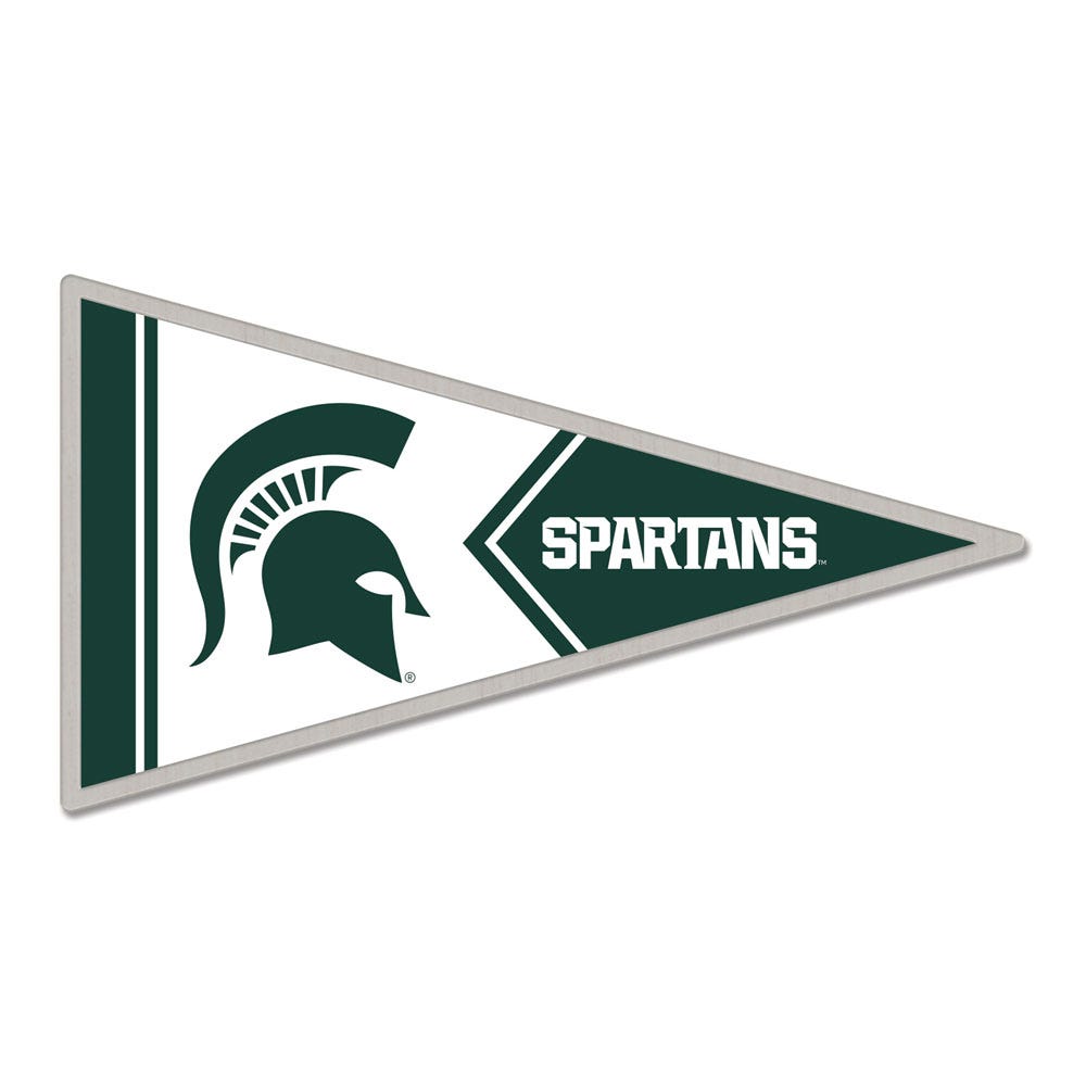 Pennant shaped lapel pin in green and white with Spartan helmet in white.