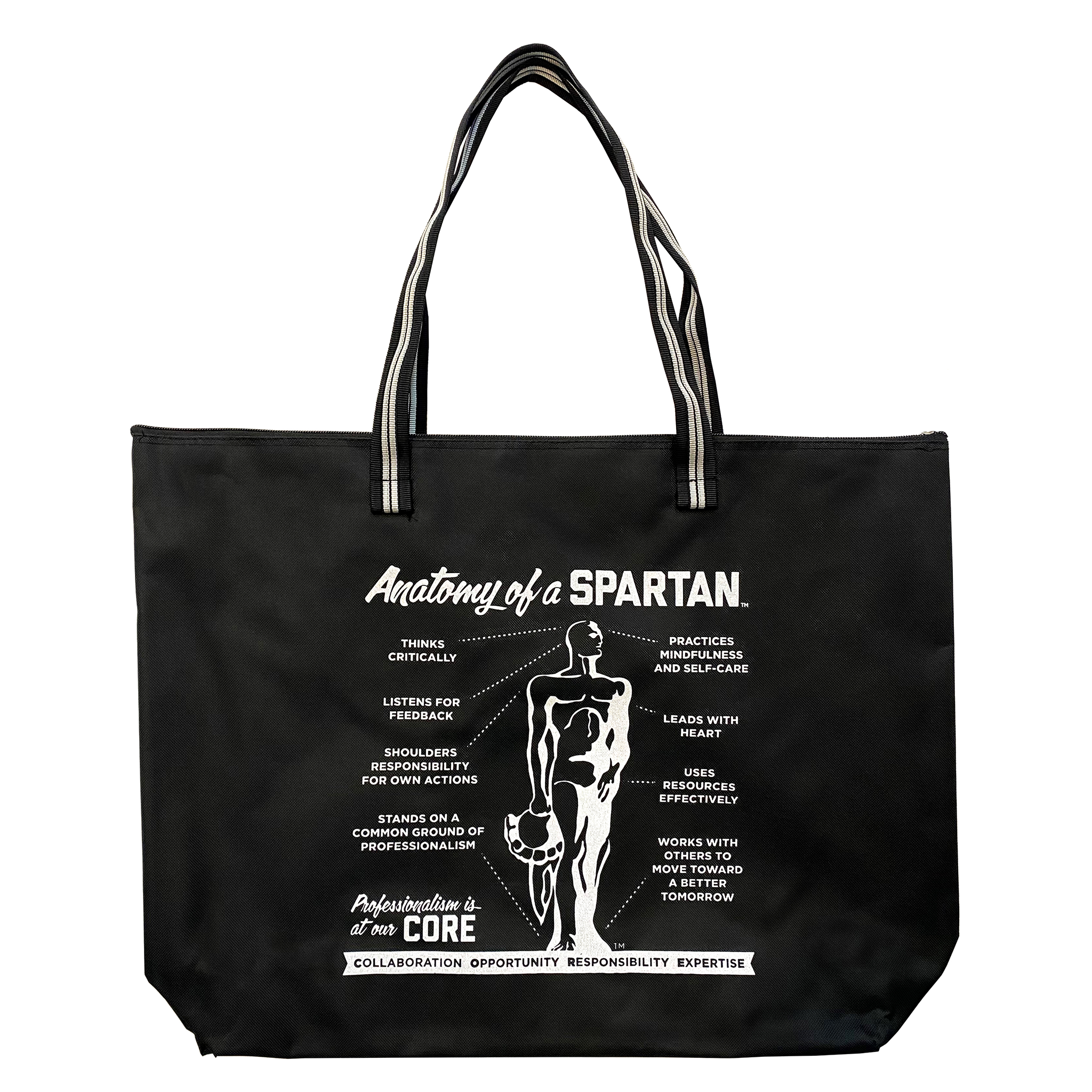 Black zippered tote bag with a black and white striped handle. Graphic in white reads Anatomoy of a Spartan and a variety of descriptive qualtities, including thinking critically and leads with heart.