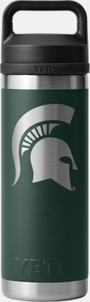 Dark green stainless steel water bottle with a silver Spartan Helmet logo in the middle and a silver bottom and bottle rim.