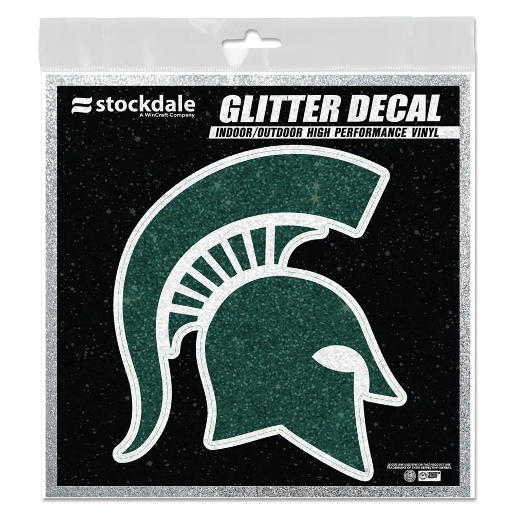 Green and white glitter decal of a Spartan Helmet logo. The Spartan Helmet is green and outlined in silver.