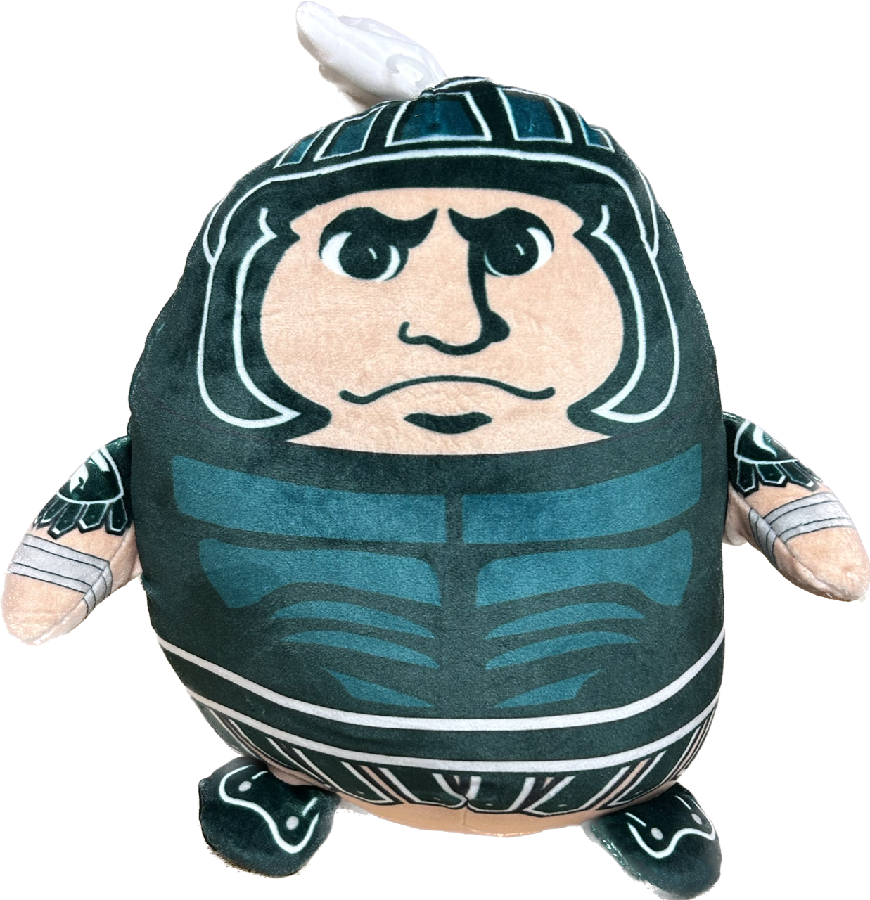 A rounded, oval-shaped plush Sparty.