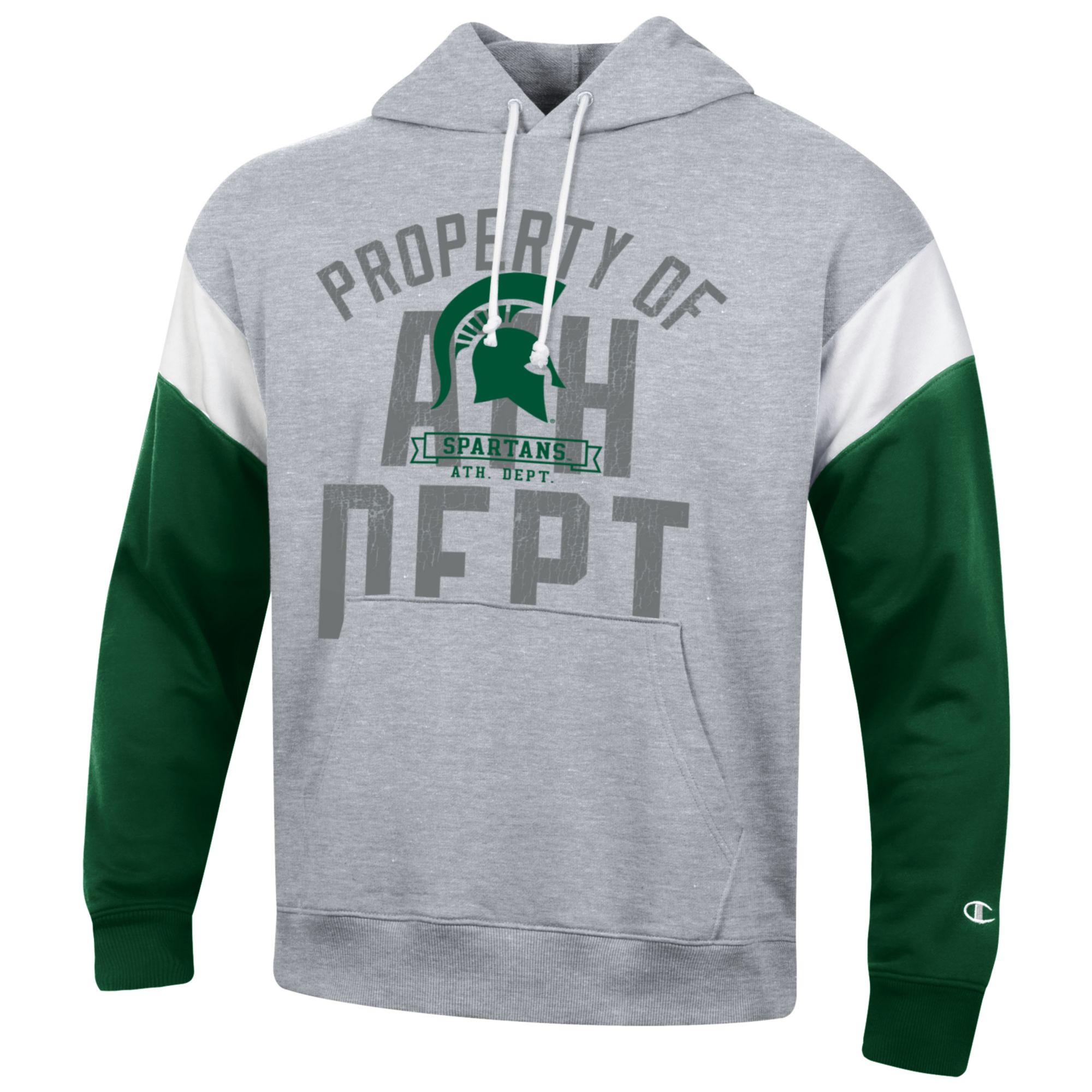 Gray, green, and white drawstring hoodie with 'PROPERTY OF MSU SPARTANS ATH. DEPT.' text in gray, a green Spartan helmet logo and green 'Spartans' wordmark on a banner with 'ATH DEPT' underneath over top of the gray text. The middle section of the hoodie is gray, but the sleeves have a white horizontal stripe underneath the shoulder and are green the rest of the way down. Shown on a white background.