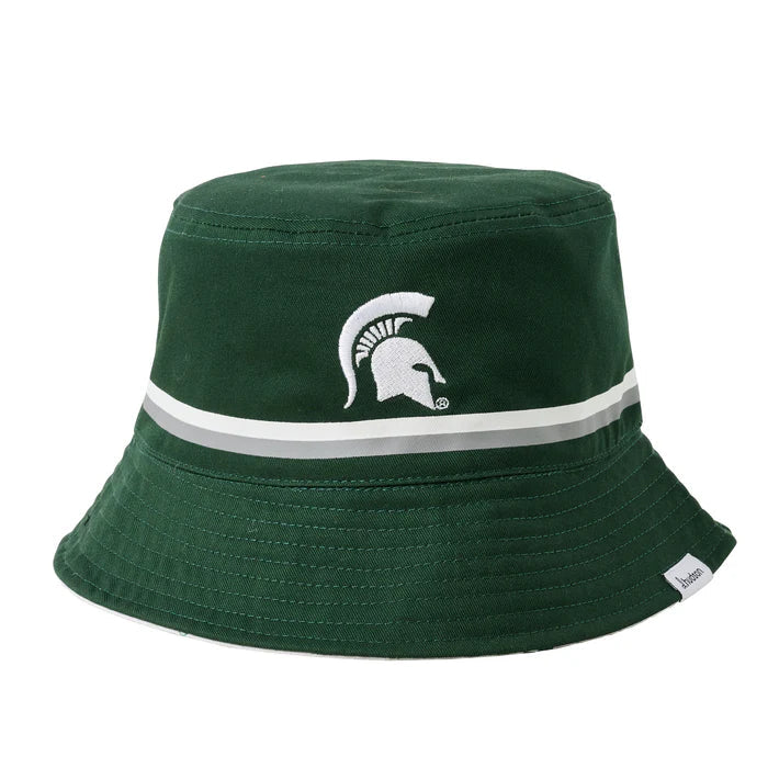 Dark green bucket hat with white Spartan Helmet and a white and gray stripe above the brim.
