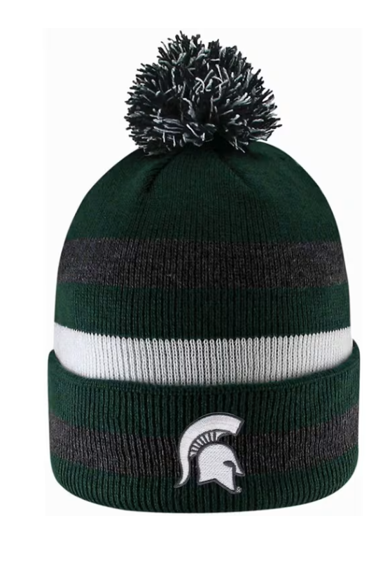 Dark green knit beanie with black and white stripes, pom-pom, and Spartan helmet logo on cuff.