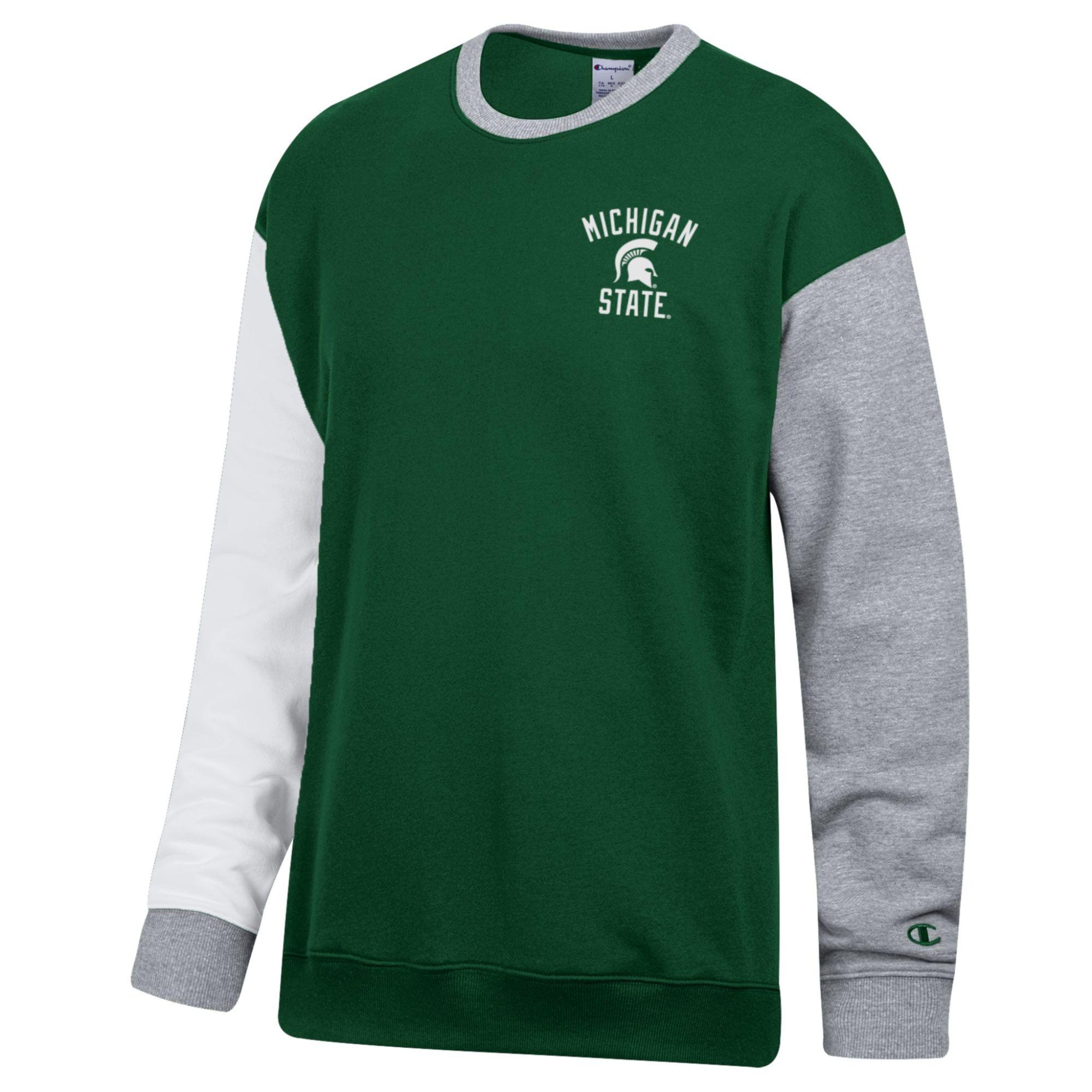 Green, white, and gray crewneck sweatshirt with 'Michigan State' printed text and a Spartan Helmet logo printed in between the text in white on the upper left chest. The middle section on the sweatshirt green, the left sleeve is gray, the right sleeve is white, and the collar and cuffs are both gray. Shown on a white background.