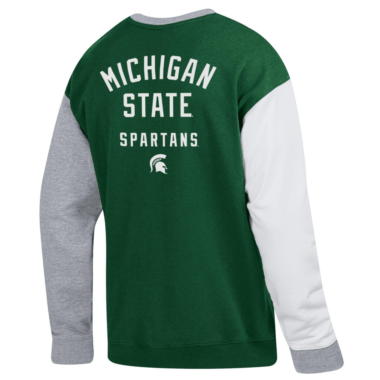Back of green, white, and gray crewneck sweatshirt with screen printed "Michigan State Spartans" wordmark and a Spartan Helmet logo in white. The middle section on the sweatshirt green, the left sleeve is gray, the right sleeve is white, and the collar and cuffs are both gray. Shown on a white background.