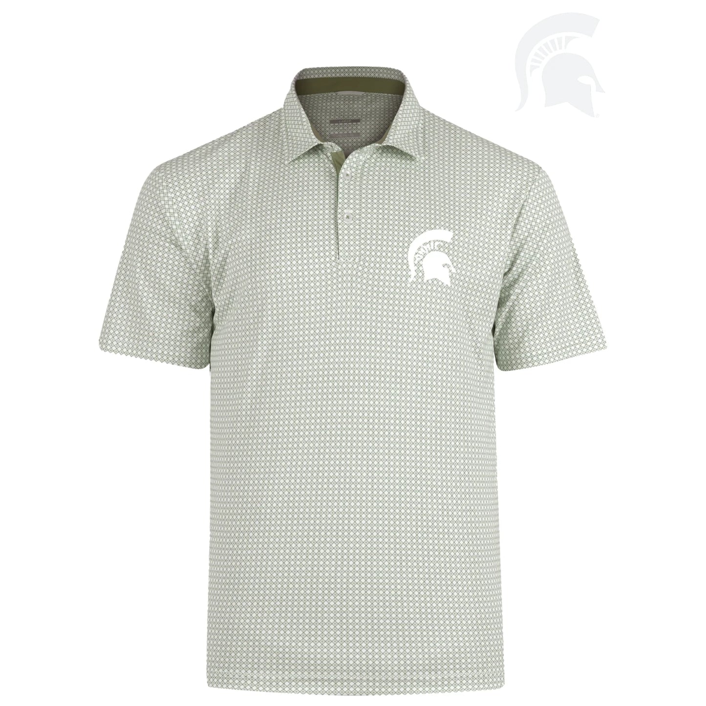 Polo with a gray and white design, three-button placket, and a white Spartan Helmet logo on the upper left chest. Shown on a white background.